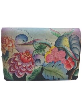 Anuschka Hand Painted Whimsical Garden Small Wallet Purse With Crossbody Strap